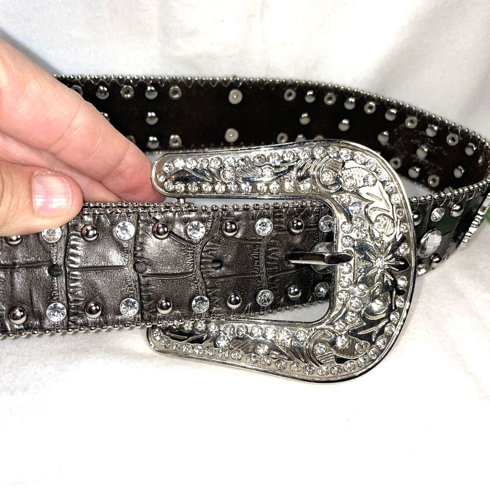 BHW Embellished Dark Leather Studded Rhinestone Western Cowgirl Belt Size S